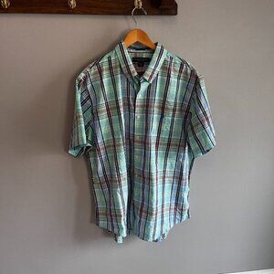 US Polo ASSN Button Down Casual Shirt T-shirt Green Blue Plaid XXL Stretch
